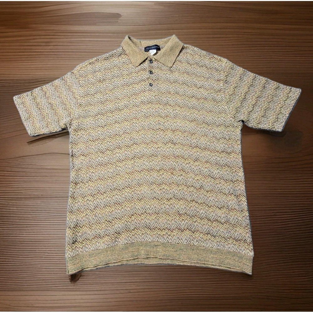 Frank Barnes Men's XL Knit Polo Shirt Multicolor Zigzag Short Sleeve Retro 90s